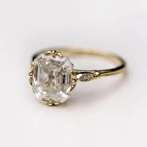5Ct Asscher Cut Real Moissanite Engagement Wedding Ring 14K Yellow Gold Plated - Picture 1 of 4