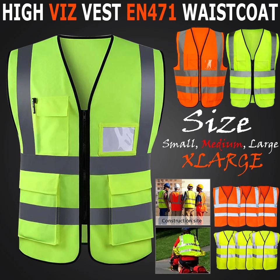 HI VIS VIZ VEST HIGH VISIBILITY WORK WAISTCOAT WITH PHONE & ID POCKETS YELLOW