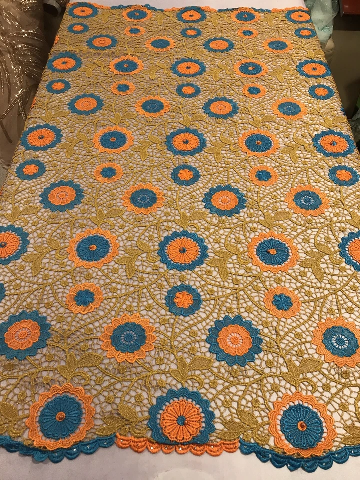 Tela de encaje de Venecia francesa guipur dorado azul naranja 50" ancho vendido por yarda Foto 3 de 4