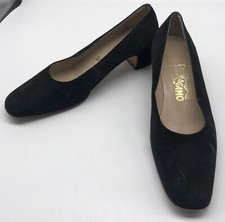 Salvatore Ferragamo Black Suede square Toe Block Heel Pump sz 9B