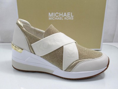 Michael Kors Geena Slip On Trainer Wedge Sneakers MK Logo Pale Gold Size 8.5