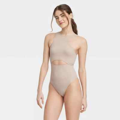 Colsie Women's Cut Out Bodysuit Beige  Size Small
