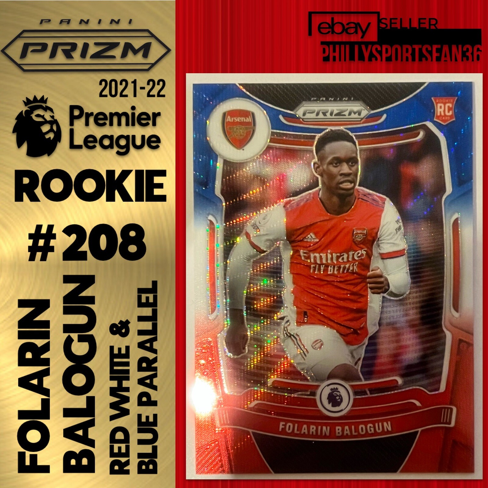2021-22 Prizm Premier League Folarin Balogun Red White Blue Prizm Rookie RC #208