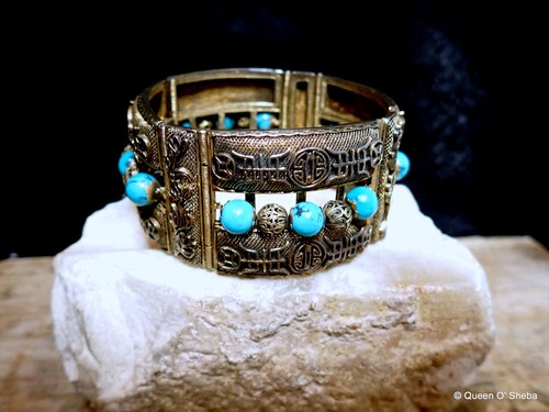 Bracelet Chinese Filigree Turquoise Siver Gilded Vintage Characters Hallmark - Picture 5 of 17