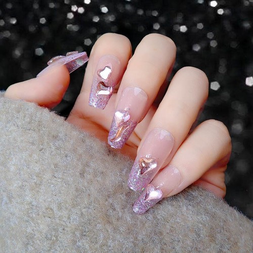 KJ102 24pcs/box Jelly Pink Fake Nails Heart Long Round Fake Nail Stickers