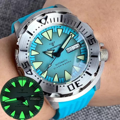 Reloj automático japonés NH36A 200m 42mm Monster Tandorio para hombre esfera azul correa de acero