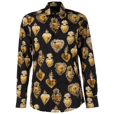 DOLCE & GABBANA MARTININ Sacred Heart Herz Baumwolle Hemd Schwarz Gold 12219