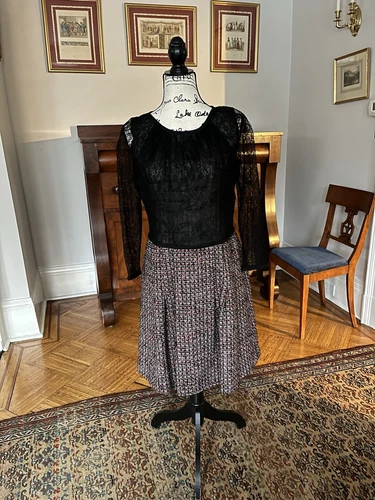 ABITO ROSSO VALENTINO nero pizzo top rosa nero tweed gonna lana foderata taglia L