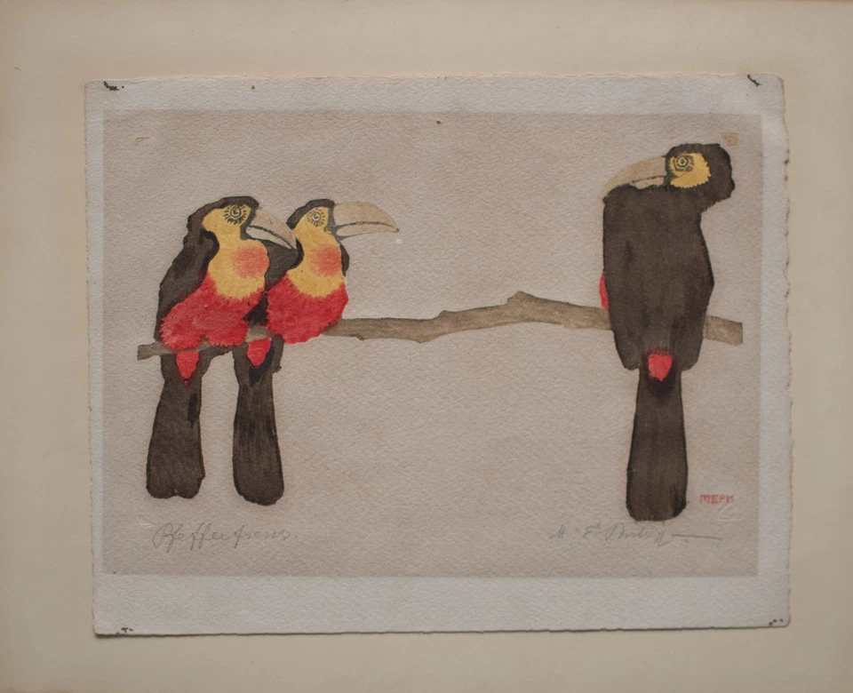 Farbholzschnitt Martin Erich Philipp MEPH Pfefferfresser Tukan signiert um 1909 - Bild 4 von 4
