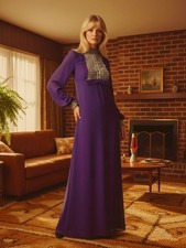 DAMEN/LADIES 70’S VINTAGE KLEIDUNG, LILA MAXI BOHO SPITZE MAXI SCHLEIFE KLEID, 8