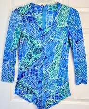 Vintage 70s Handmade blue green Mermaid Scales Nylon Swim Rash Guard LG