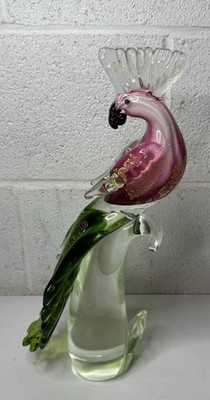 Formia Murano Art Glass Cockatoo Sculpture Parrot Pink Gold Flecks 15'' No Label
