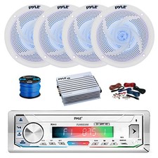 Pyle BT Marine Receiver, Amp w/Kit, 4X 6.5" 240W LED Speakers White w/ Wire