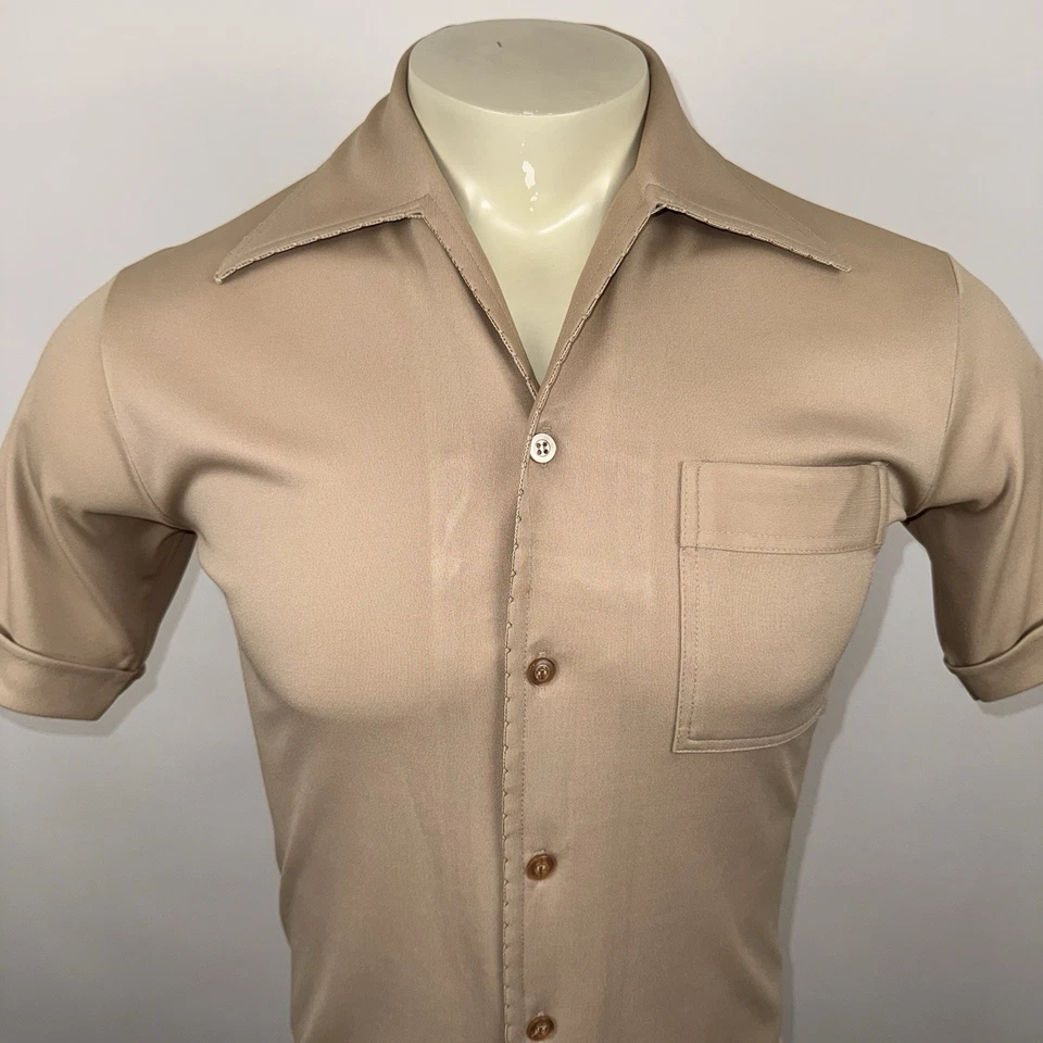 Vintage Joel Shirt Mens Stretch Knit Tan Polyester Disco Hippy MCM 60s 70s Small - Image 3 of 4