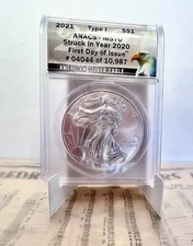 2021 $1 SILVER Eagle(T1) MS70 First Day of Issue/Struck in 2020 .999 Silver
