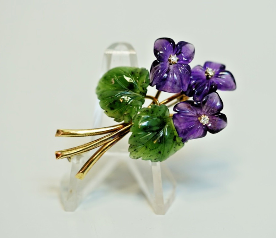 Antique Karl Faberge 14K Gold Brooch Flower Jade Amethyst Violets Bunch Diamonds