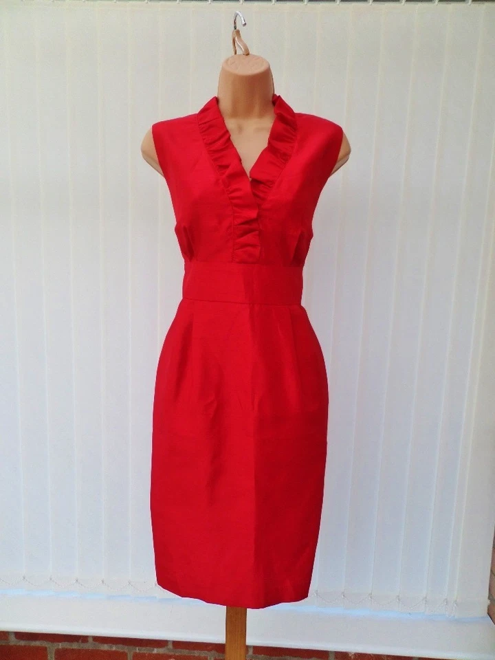 JESSICA HOWARD CORAL RED FRILL 40'S 50'S SILKY PENCIL MIDI DRESS 12 BNWT £130 - Image 2 of 4