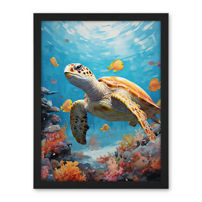 Loggerhead Sea Turtle in Coral Reef Bright Detailed Artwork Framed Art 18X24