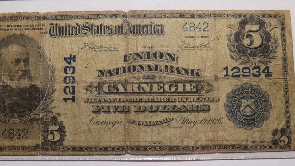 $5 1902 Carnegie Pennsylvania PA National Currency Bank Note Bill Ch #12934 PCGS - Image 2 of 4