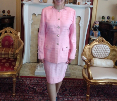 NEW ROWS & ROWS OF PINK GROSGRAIN RIBBON SUIT Sz 8 MY DESIGN STUDIO