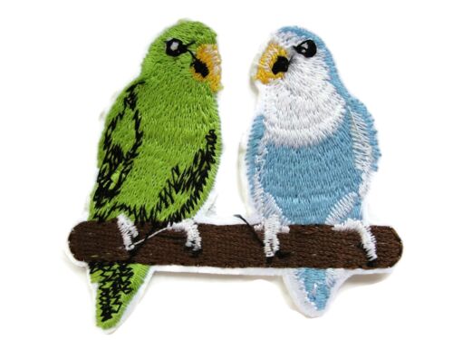 Green Blue Budgies Parakeets on Perch Embroidered Iron On Applique Patch 2.75 In - Picture 1 of 1