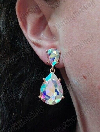 CLIP ON Retro 4cm RAINBOW CRYSTAL Drop EARRINGS AB Gold Tone Vintage Style - Picture 17 of 23