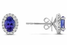 ESTATE 1.28CT DIAMOND & AAA TANZANITE 14KT WHITE GOLD HALO CLUSTER OVAL EARRINGS