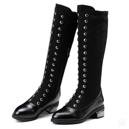 Mujeres Gruesas Tacones Bajos Rodilla Alto Botas de Caballero Británicas Zapatos de Remache Nuevos - Imagen 1 de 17