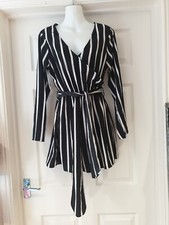 BOOHOO Summer Dress Black & White Striped Long Sleeve Tunic with Belt UK Size 10