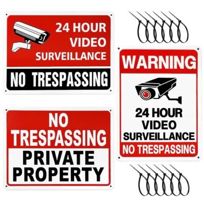 BONISON 3 Pk No Trespassing 24 Hr Video Surveillance Warning Sign Aluminum UV Protected