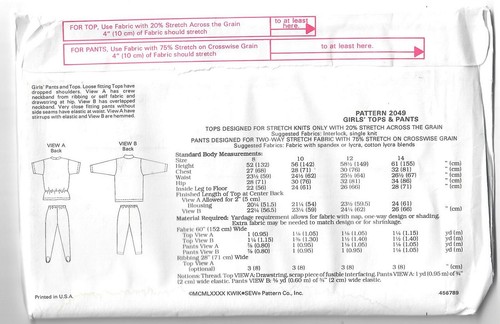 Kwik Sew 2049 Sewing Pattern Girls Tops Pants Sizes 8-10-12-14 Uncut Sealed - Picture 2 of 2