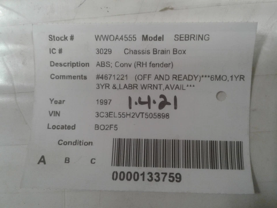 Módulo de control ABS usado se adapta a: Chrysler Sebring 1997 ABS guardabarros derecho grado A Foto 3 de 4