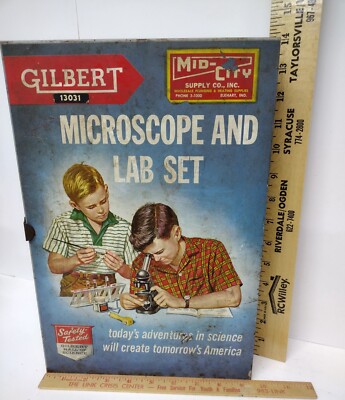 Vintage 1950s Gilbert #13033 Toy Microscope and Lab Set In Original Metal Box 