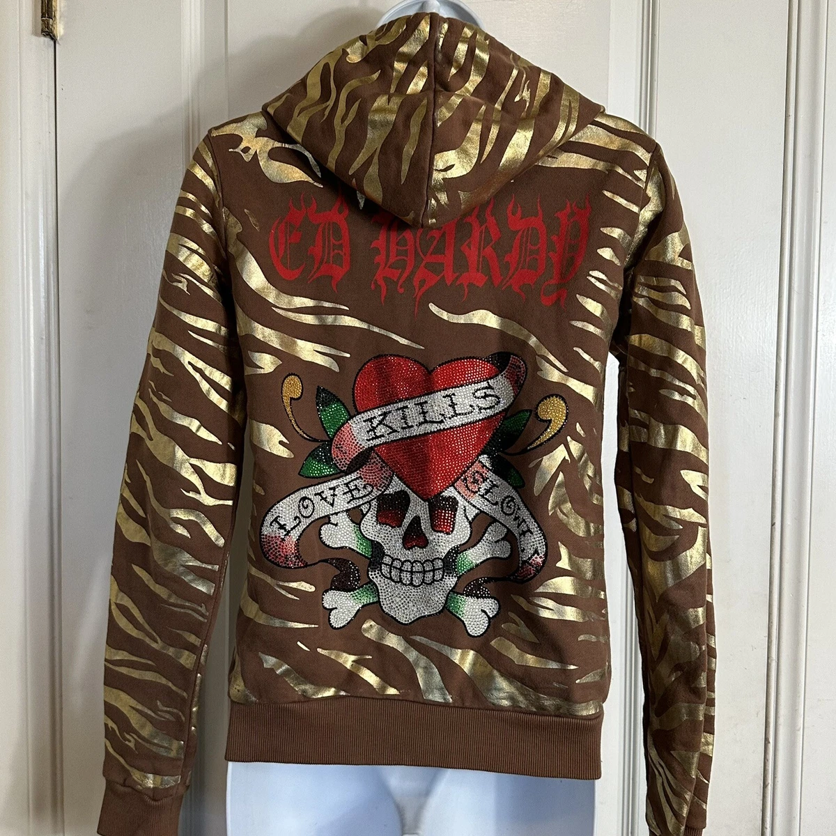 Ed Hardy by Christian Audigier VTG Hoodie Rhinestones tiger stripes brown  small