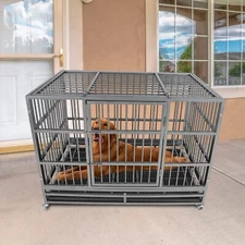 47" Heavy Duty Dog Crate Folding Pet Iron Cage Kennel Double Doors with Tray Pan