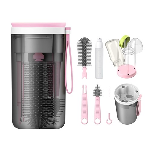 Travel Baby Bottle Cleaning Brush Set Silicon Brush Organizer Case & Drying Rack