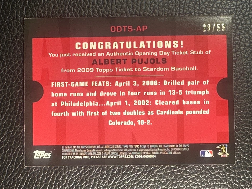 2009 Topps Ticket To Stardom Albert Pujols /55 Ticket Stub - Image 2 of 2