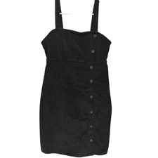 Black Corduroy Jumper Overall Dress Full Button Side Cotton Stretch Pinafore M