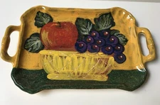 Arte Italica Apple Grape Vine ITALY Pottery Fruit Tray 15"L Handles Yellow