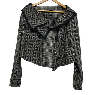 Crea Concept Gray Plaid Wool Cropped Jacket Asymmetrical Long Sleeve Sz 38 US M