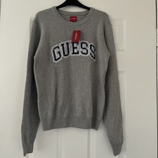 GUESS Los Angeles Mens Crew Neck Sweater Grey College Logo Light Heather S NWT