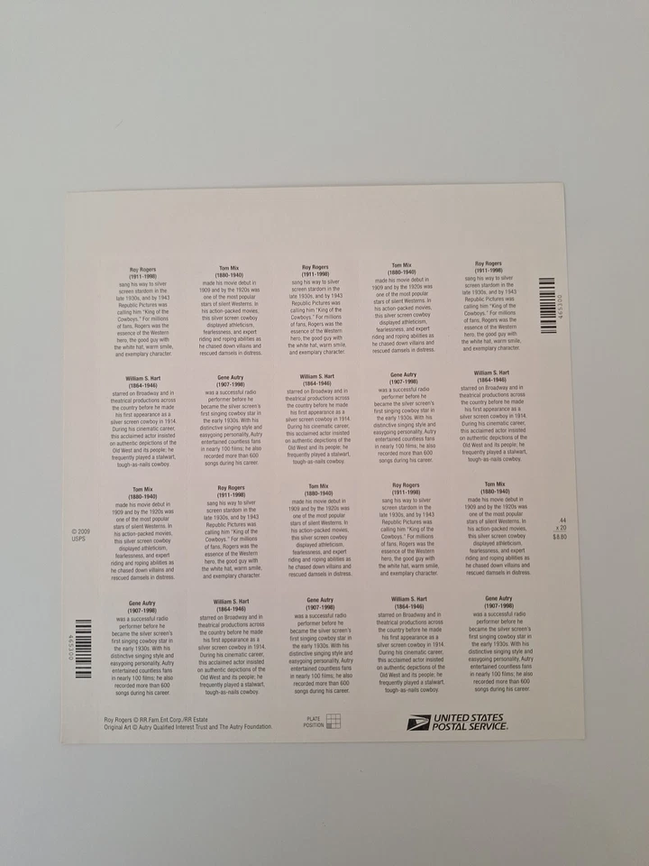 2009 U.S. Full Pane Of 20 Cowboys Of The Silver Screen 44c Postage Stamps MNH - Image 2 of 2