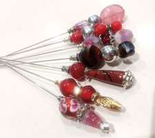 Vintage Bead Hat Pins x 7  Red Gold Pink Silver...  5" each unique made in UK