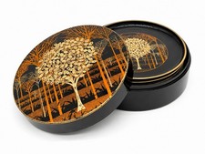 Vintage Otagiri Japan Coaster Set 6 Black Gold Tree Woodland Hand Crafted Holder