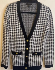 Tahari Women Sweater Houndstooth Fuzzy Gold Button Front Cardigan Black White XS