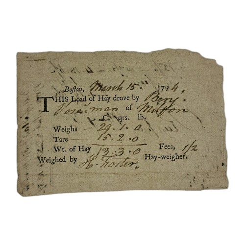 1794 Boston Hay Weigher Receipt Benj. Vose Milton MA Early American Document