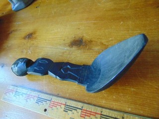 Vintage hand carved figural wooden scoop African? dark brown