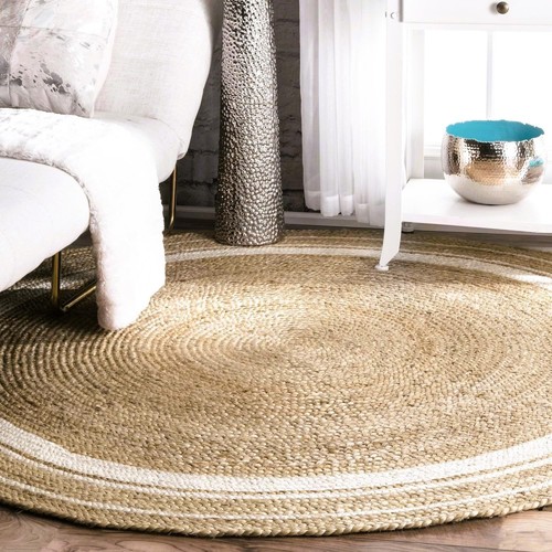 Alfombra Redonda Yute Natural Trenzado Beige con Algodon Blanco diametro 120cm 1 - Imagen 4 de 7