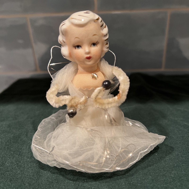 VTG Holt Howard Angel Ceramic Head Tulle Wings Chenille Arm Christmas Ornament