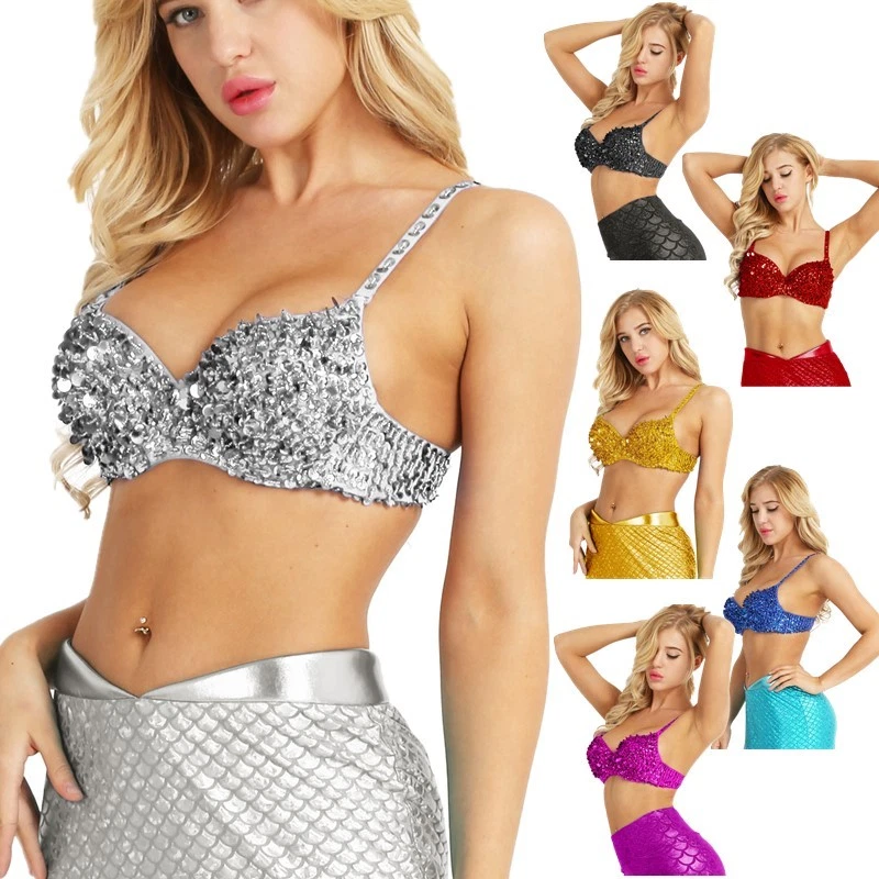 Sexy Womens Glitter Bralette Sequined Bra Push Up Mermaid Tops Belly Dance  Rave